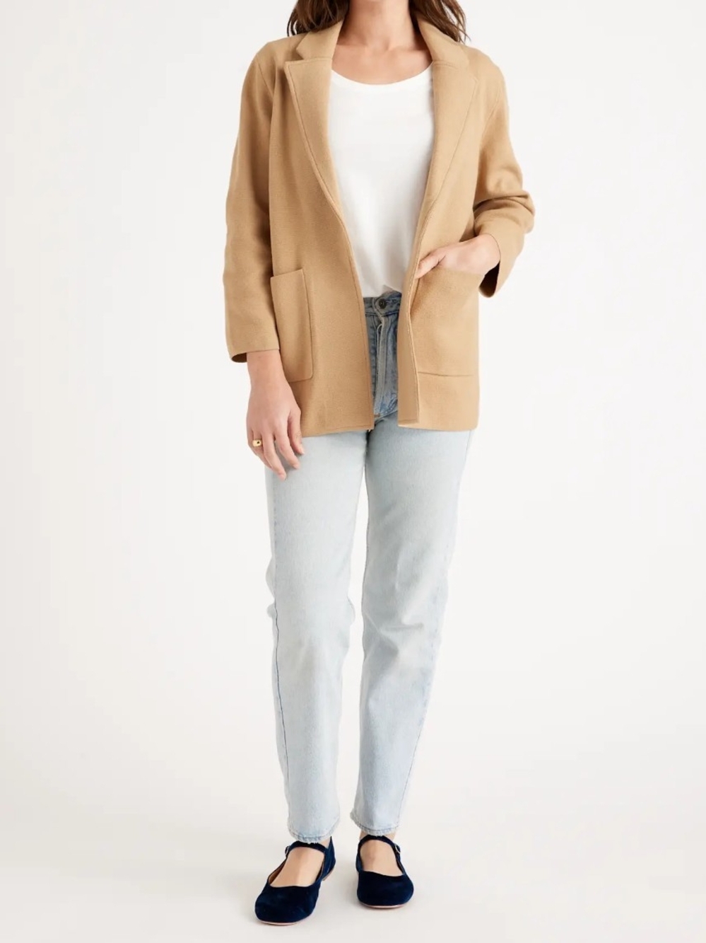 Quince Womens 100% Organic Cotton Knit Blazer Camel XS Minimalist Quiet Luxury